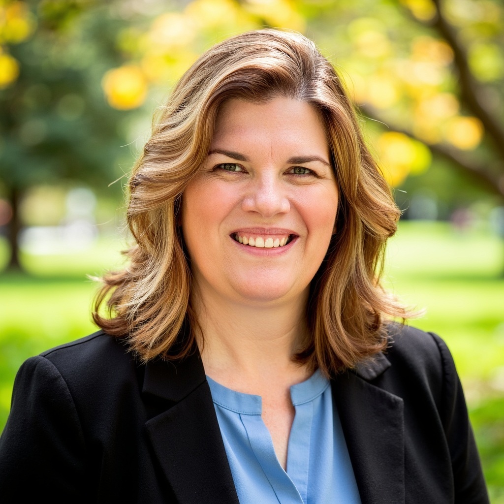 Blue blazer and blue shirt with green outdoor backdrop